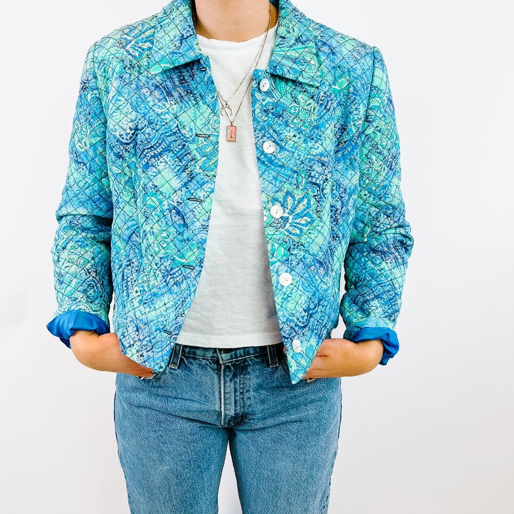 Vintage Colorful Patterned Quilted Button Up Jacket